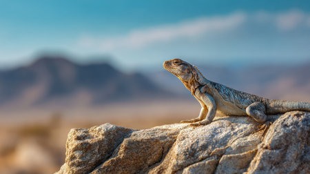 Iguana basks on a sunlit rock in a vast desert area, surrounded by distant mountains. The bright scene highlights its scales and the warm environment.の素材