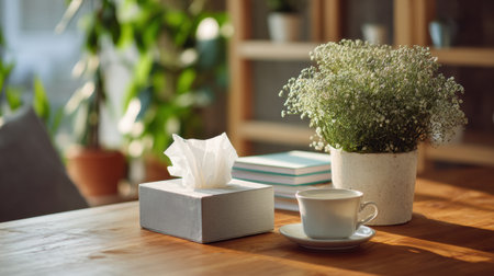 A workspace desk features a nurturing indoor plant, a cup of tea on a saucer, and a tissue box, fostering a peaceful setting for work or relaxation.の素材