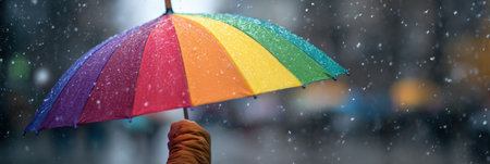 A hand grips a vibrant rainbow umbrella as snowflakes fall, symbolizing resilience and support amid a winter storm in a bustling city.の素材