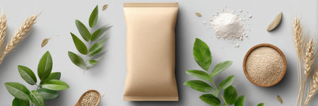 Grain-free food pack mockup features a clean layout with surrounding leaf elements and natural textures ideal for showing healthy food products.の素材