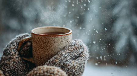 Warm mug cradled in gloves amidst the peaceful backdrop of falling snow outside, creating a serene winter atmosphere perfect for relaxation.の素材