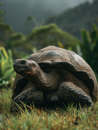 A Galapagos tortoise walks slowly across green grass with a misty jungle landscape in the background, showing the beauty of its natural habitat.の素材