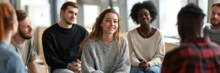Participants engage in a group therapy session, emphasizing eye contact and empathy while seated in a circle in a welcoming space.の素材