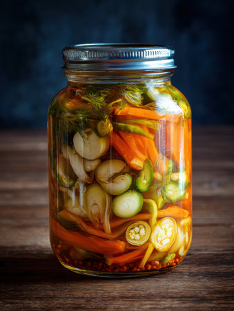 Brightly colored jar showcases an assortment of pickled vegetables resting on a wooden table with shadows cast on the surface, creating a warm ambience.の素材