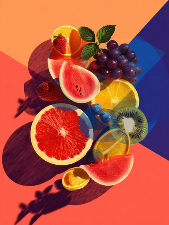 A vibrant fruit arrangement with watermelon, citrus, strawberries, and grapes stands out against a colorful geometric background.の素材