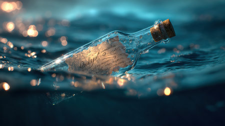 A hand-drawn message is enclosed in a clear bottle, floating gracefully on tranquil water illuminated by soft, dreamy lighting.の素材