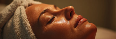 A hot towel compress is gently placed on the forehead, providing comfort and relaxation in a warm and inviting environment during a soothing wellness session.の素材