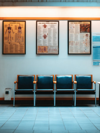 The hospital waiting room features informative posters about cold symptoms on the wall, complemented by a minimal seating area for visitors.の素材