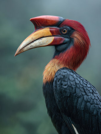 This helmeted hornbill stands in profile against a backdrop of misty rainforest, its striking colors and distinctive bill captured in a serene moment.の素材