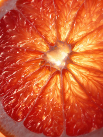A grapefruit slice showcases vibrant colors and textures, resembling a sunburst, with its top segment open to reveal inner brightness.の素材