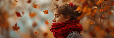 A girl wearing a vibrant red scarf sneezes beneath an autumn tree as colorful leaves swirl around her, capturing the essence of the season.の素材