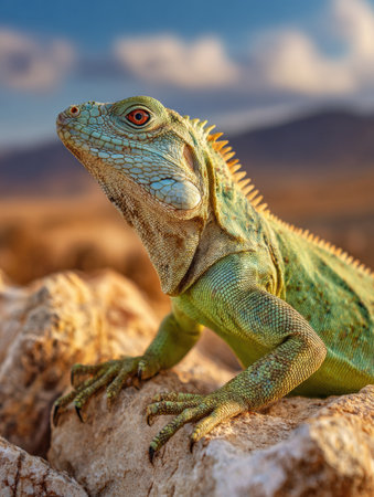 An iguana rests on a sunlit rock in a desert landscape, absorbing warmth while preparing to explore its arid surroundings during late afternoon light.の素材