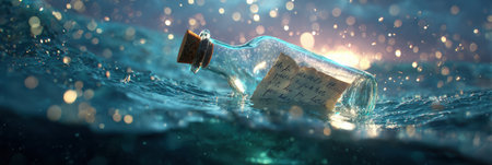 A hand-drawn message in a bottle floats gently on the water, illuminated by soft, dreamy lighting, suggesting a serene moment at sunrise.の素材