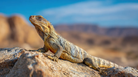Iguana resting on a warm, sunlit rock under a bright sky, surrounded by a vast desert background, showing its natural habitat and behavior.の素材
