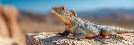 Iguana enjoys the warmth of the sun on a rocky surface, set against a vast, arid desert background under a clear blue sky with distant mountains.の素材