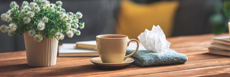 Warm tones create a cozy atmosphere in this home workspace with an indoor plant, steaming tea cup, tissues, and a clean desk ready for productivity.の素材