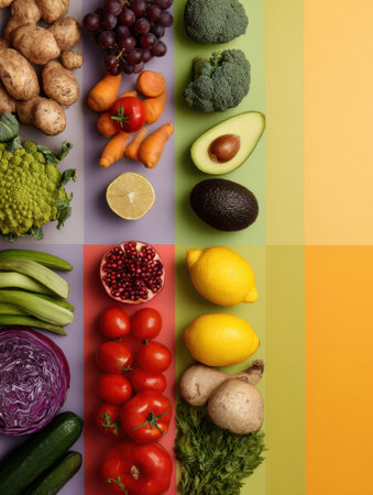 A colorful assortment of fruits and vegetables arranged in a grid pattern, highlighting nutritious options for a healthy lifestyle with a focus on variety.の素材