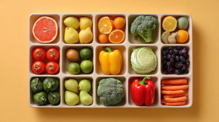 The grid layout showcases fresh fruits and vegetables on a yellow background, promoting a healthy diet.の素材