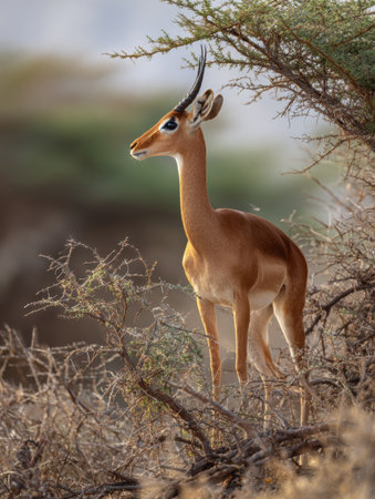 A gerenuk stretches its long neck to reach high branches in a dry acacia environment, showing its unique grazing behavior against a serene savanna backdrop.の素材