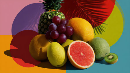 A vibrant collage features fresh fruits like pineapple, grapes, and grapefruit on a colorful backdrop, enhancing its visual charm.の素材