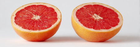 Two grapefruit halves are displayed under bright lighting, highlighting their vivid pink flesh and smooth surface against a minimalist backdrop.の素材