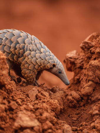 An Indian pangolin moves carefully over rich, reddish soil, showing its distinctive scales and curiosity in a minimal environment.の素材