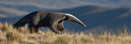 A giant anteater with its long snout roams through a lush grassy landscape, highlighting its unique features against the backdrop of rolling hills.の素材
