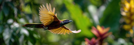 A greater bird-of-paradise showcases its spectacular display flight against a vivid lush backdrop, captivating with its vibrant plumage and graceful movements.の素材