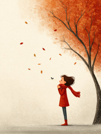 A young girl wearing a red scarf sneezes joyfully beneath a vibrant autumn tree as colorful leaves swirl around her on a clear fall day.の素材