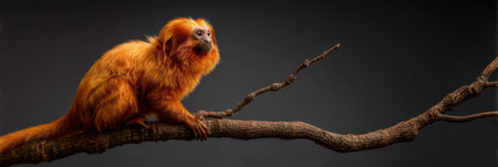 Golden lion tamarin rests on a branch with warm sunlight highlighting its golden fur and captivating gaze, set against a dark background.の素材