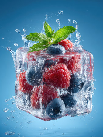 A clear ice cube filled with mint leaves and ripe berries drips water as it melts, creating an enticing visual in a vibrant blue setting.の素材