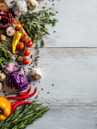 Freshly harvested herbs and assorted vegetables, including garlic and chilies, are artistically arranged for cooking, capturing a moment of culinary creativity.の素材