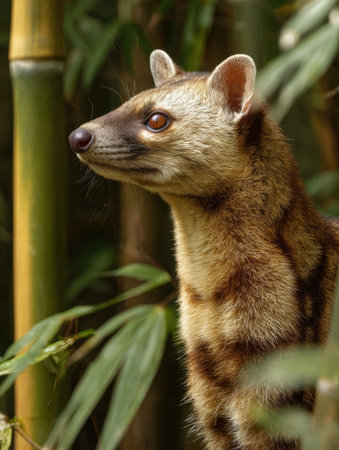 Golden civet showcases its striking profile amid lush bamboo foliage, with an unobstructed upper space emphasizing its features and environment.の素材