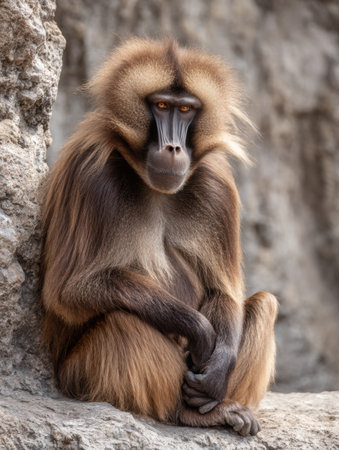 Gelada baboon sits with a serious expression, surrounded by rugged rock formations, showing its unique features in a serene outdoor setting.の素材