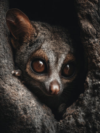 In a dark forest setting, a galago looks out from its tree hollow, displaying its large eyes and soft fur, surrounded by a rich texture of bark.の素材