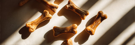 Delicious dog bone treats are laid out in natural sunlight with diagonal shadows casting on a light surface, creating an appealing presentation.の素材