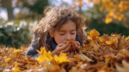 A girl is lying in a vibrant pile of autumn leaves, sneezing with joy while surrounded by shades of orange and yellow on a sunny day.の素材