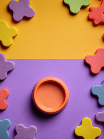 Vibrant display showing a pet treat bowl at the center, encircled by colorful shapes, creating an engaging and fun environment for pets.の素材
