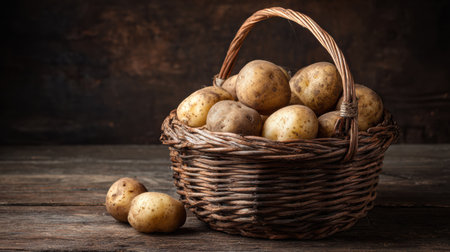 Bounty of potatoes lies in an earthy woven basket resting on a dark, rustic wooden table, highlighting the beauty of natural textures and tones.の素材