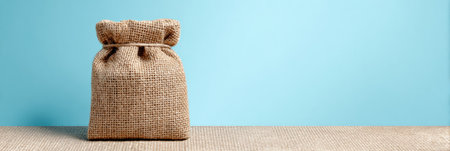 Burlap cloth packaging offers a sustainable solution, emphasizing eco-friendliness on a clean sky-blue background, showing its unique texture and design.の素材