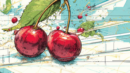 Bright red cherries in graphic novel style, with motion lines and splashes of color, create a lively vibe in a minimalist setting.の素材
