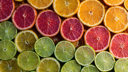 Brightly colored citrus fruit cross-sections arranged in concentric circles create an appealing visual display.の素材