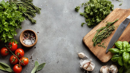 Fresh herbs and vegetables are arranged for meal preparation on a kitchen counter. A cutting board and knife are included in this organized cooking setup.の素材