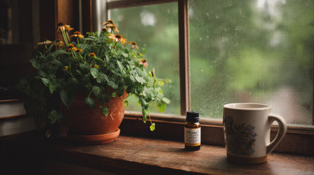 Echinacea plant sits in a pot on a cozy windowsill next to a vitamin bottle and a mug, creating a peaceful atmosphere perfect for relaxation.の素材