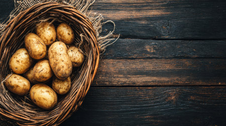 A rustic basket brimming with earthy potatoes sits atop a textured dark wood surface, capturing the essence of farm-fresh produce in a cozy setting.の素材