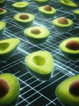 Avocado halves in a digital mesh formation are displayed over a light grid, giving a modern and unique visual experience for an innovative design aesthetic.の素材