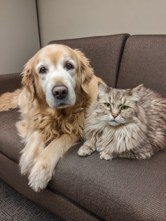 A golden retriever and a fluffy cat sit side by side on a brown sofa in a clinic, both appearing calm and friendly while waiting for their turn.の素材