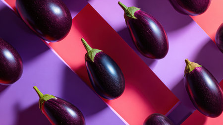 Eggplants are creatively arranged in a striking zigzag pattern, enhanced by vivid neon shadows on a smooth surface in an artistic display.の素材