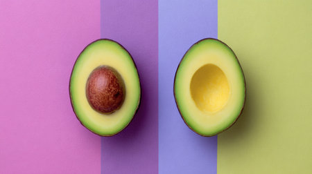 Mirrored avocado halves sit on a pastel-colored backdrop, showing their rich textures and colors while emphasizing clean, modern design aesthetics.の素材