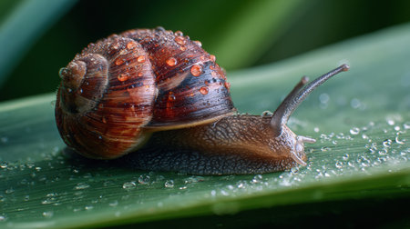 A Giant African snail is positioned on a wet leaf, with droplets of water highlighting its beautiful texture and colors in macro detail under soft light.の素材